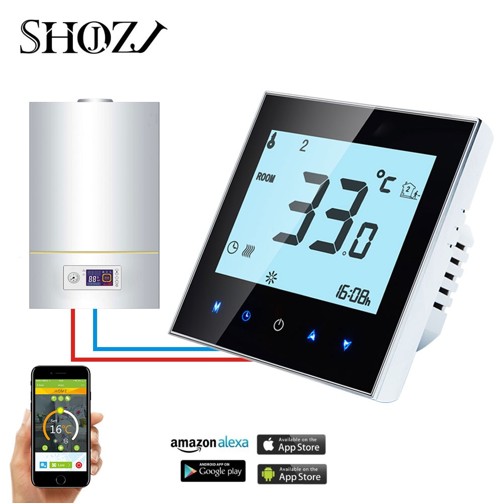 Echo Google Home iFtt Wireless APP WiFi Gas Boiler Touch Screen Room Thermostat Weekly Programmable Smart Temperature Regulator