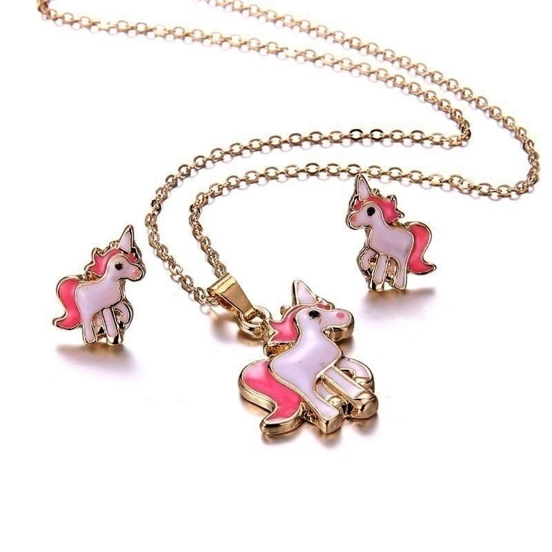 4 teile/satz Halskette Ohrringe Karikatur Einhorn Halskette Ohrring Schmuck Rosa Mädchen Schmuck Schmuck Ohrring und Halskette einstellen