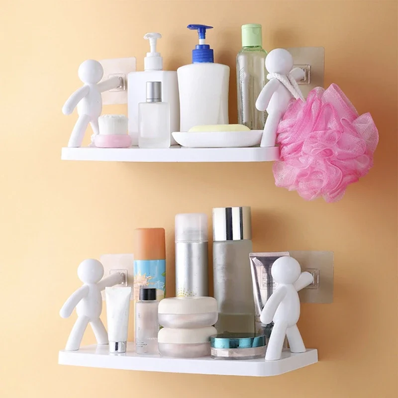 Selbstklebende Aufbewahrungsregale für Badezimmer, Zahnbürstenbecher, weiße Shampoo-Handtuchregale, Regal für Badezimmer, Kosmetik, WC-Aufbewahrungsregale