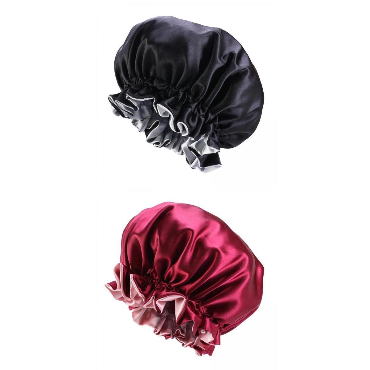 2pc Satin Bonnet Sleep Bonnet Cap Double Layer Sleeping Hair Bonnet: black wine red