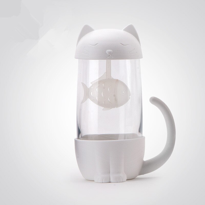 Leuke Kat Glas Kopje Thee Mok Met Vis Zetgroep Zeef Filter Thuiskantoren: 3