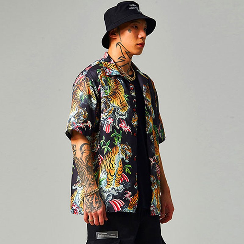 Skjorte med tigerprint til mænd sommer etnisk trend kortærmet top high street streetwear hawaiianske strandskjorter