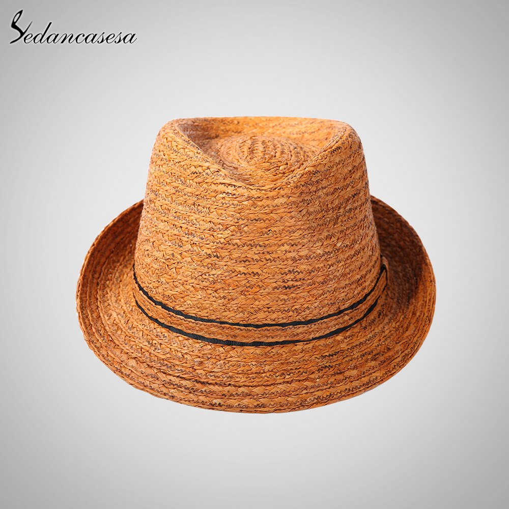 Classic men raffia straw hat summer UV protection sun hats for man fedora cap unisex beach cap trilby 57-59cm