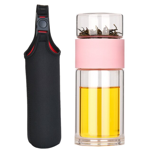 Dobbelt Glas Vandflaske med Etui Te Drik Flaske Infuser Tumbler Drinkware Vandflaske Miljøvenlig: Lyserød med etui