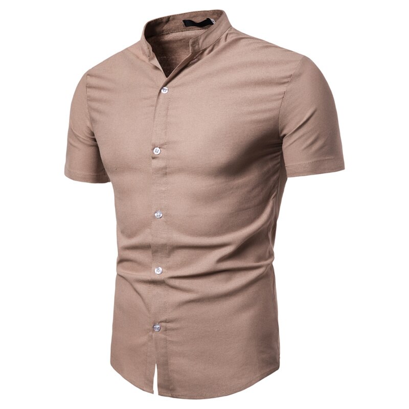 Sommar herr kortärmad solid slim fit stativ krage bomull linne skjorta vanlig plus size 3xl herrkläder: Brun / Xl 68-75kg