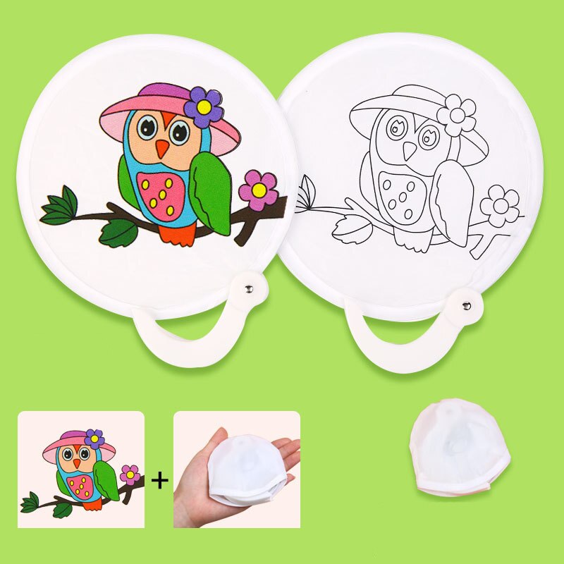 24cm foldbare bære-diy graffiti fan-legetøj til børn, der maler gammel rund vifte med stregudkast kunsthåndværk pige: Ugle