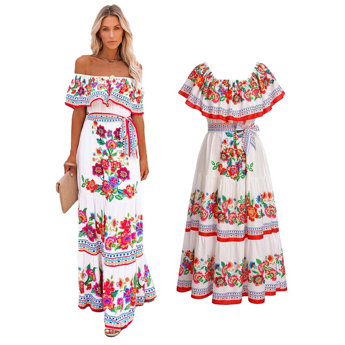 Mexican Traditional Ethnic Mexican Cinco De Mayo Summer Floral Print Off Shoulder Women Mexican Dress: S / WHITE