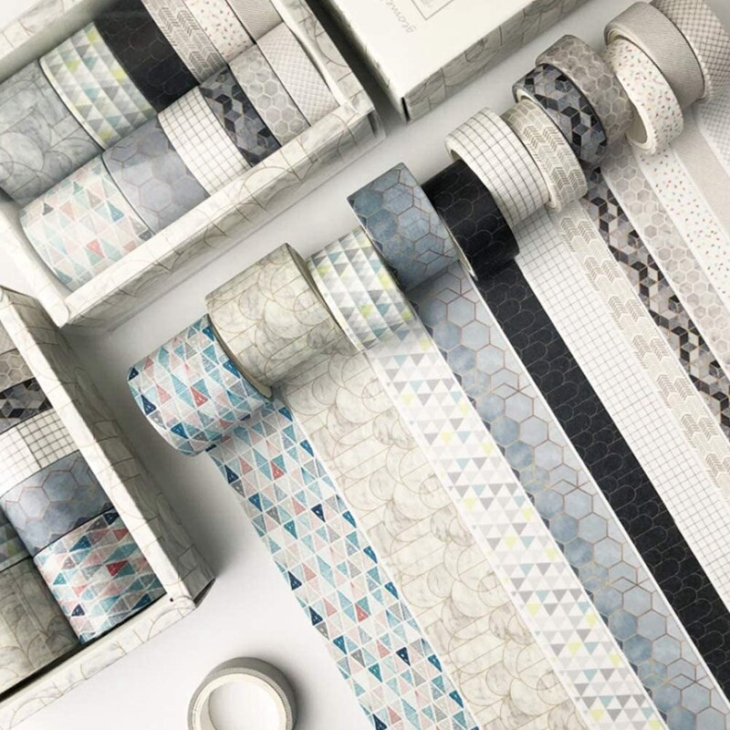 12 Rolls Geometric Pattern Washi Tape Masking Tape Decorative Adhesive Tape Sticker Scrapbooking Diary Stationery Supply