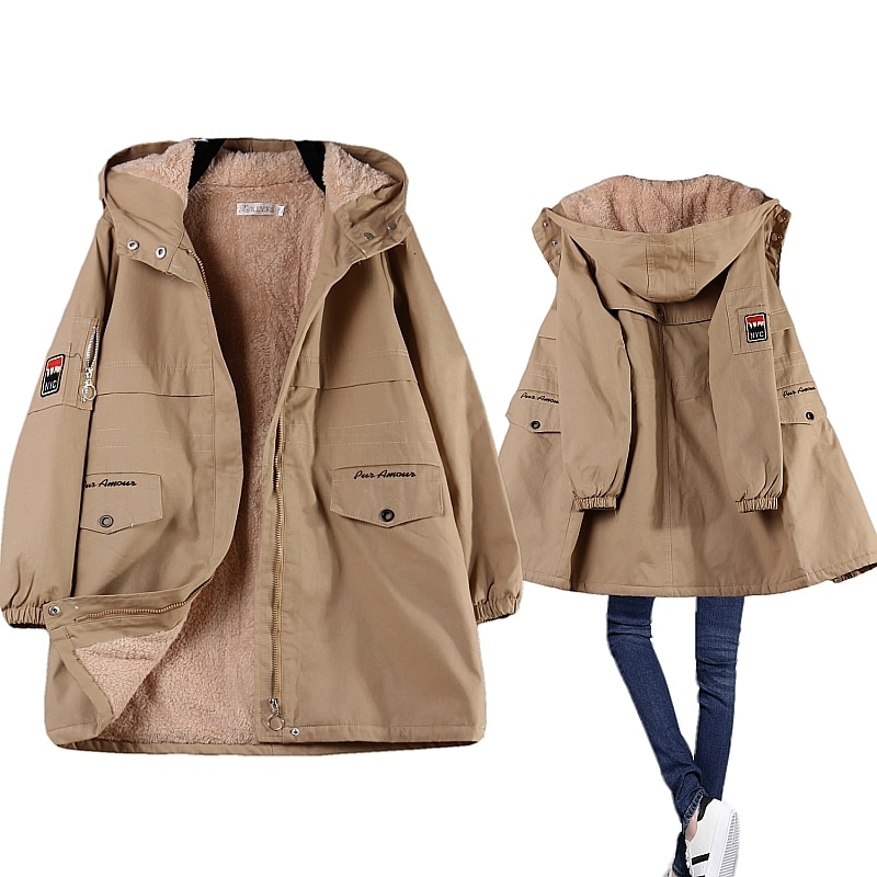 Vinter fleece dam parkas dam huva medellång quiltad varm vinterkappa vadderad rosa blå dam vindjacka stor storlek