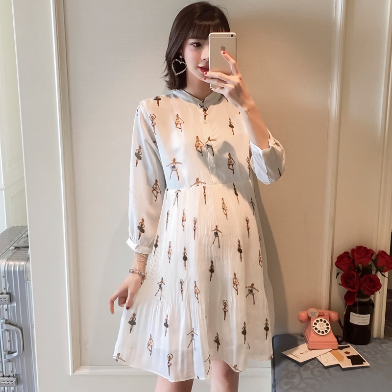Robe de maternité plissée en mousseline de soie pour femmes enceintes, ample, imprimée, longues Blouses de grossesse, printemps et automne