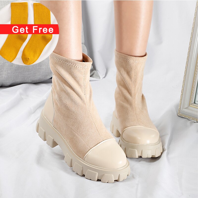 Vrouwen Sok Laarzen Pu Lederen Dames Platform Enkellaars Vrouwelijke Slip Op Flock Ronde Neus Schoenen Kantoor Voor Vrouw Botas mujer Mode: Beige / 6.5