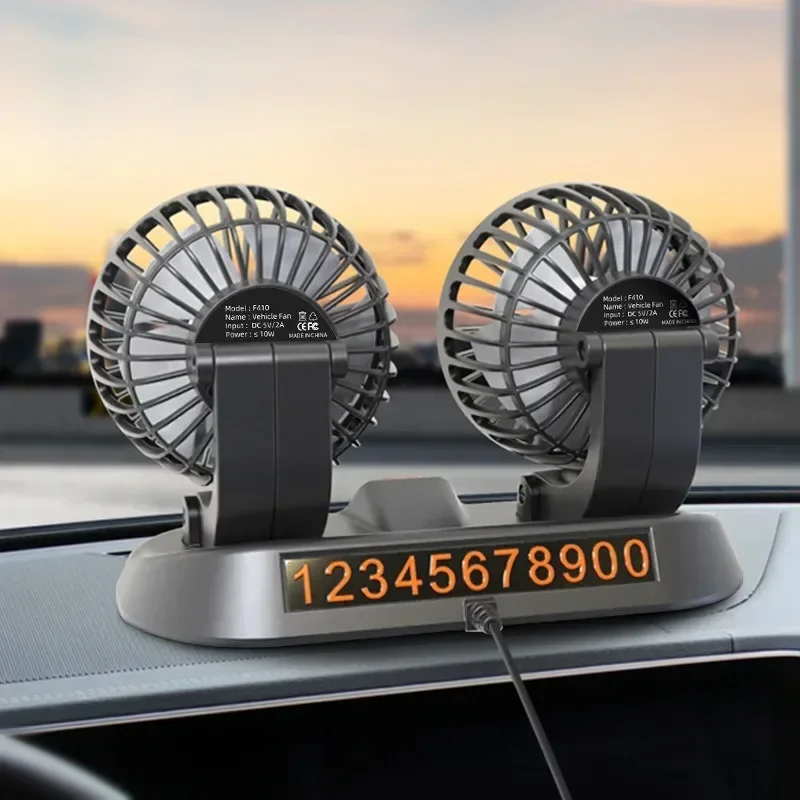 Autoventilator usb /12v/24v dubbele kop verstelbaar 360 ° elektrische autoventilator stil 2- snelheden multifunctioneel tijdelijke parkeerkaart autoventilator