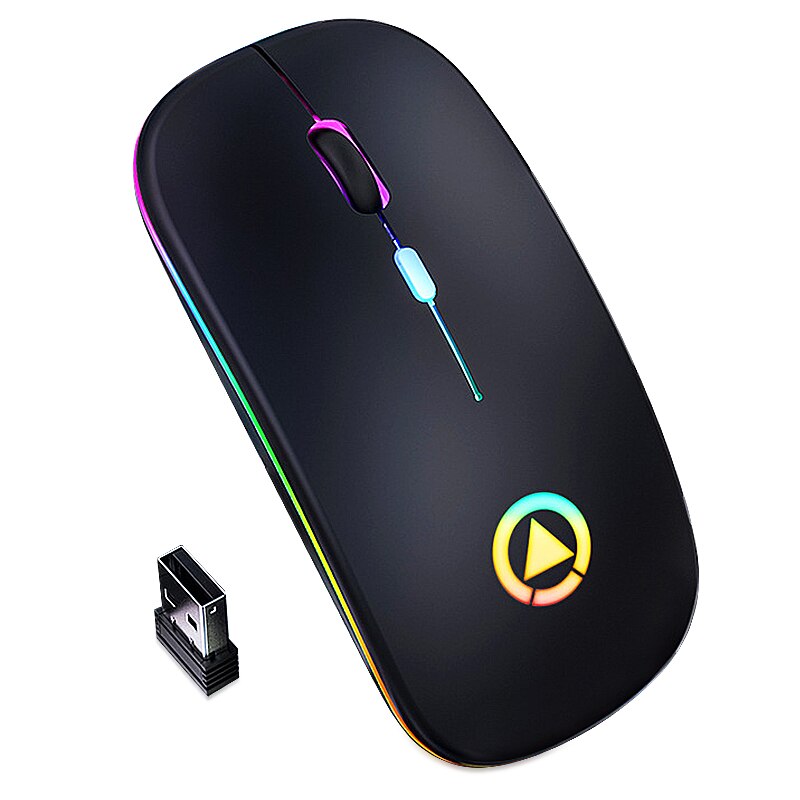 Draadloze usb-muis, rgb-computermuis, stille pc-oplaadbare ergonomische muis met led-achtergrondverlichting, optische usb-muis voor pc en laptop.: Zwart