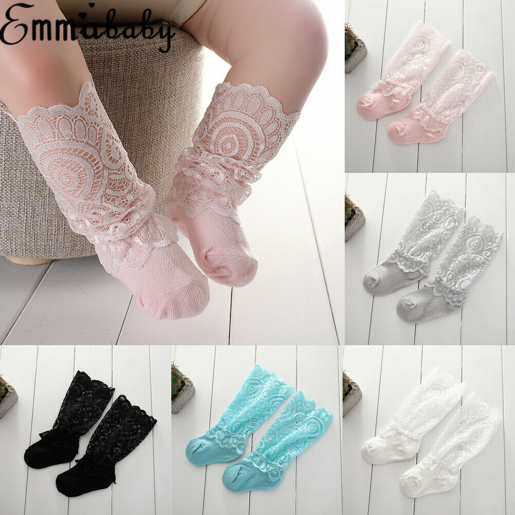 freundlicher Kleinkind freundlicher Baby Mädchen Strumpf Nette Spitze Einfarbig Patchwork Knie Hohe Krause Socken 0-3Y Neueste modisch
