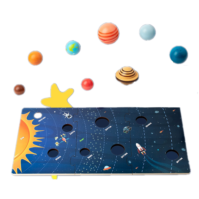Juguetes de educación temprana de madera Montessori para bebé, rompecabezas 3D de ocho planetas, juguete cognitivo del universo, sistema Solar, tablero a juego de planetas