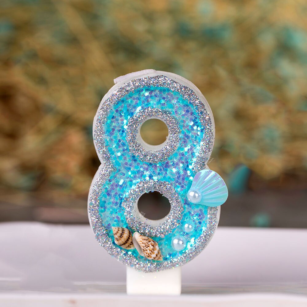 Decoraciones azules para pastel de cumpleaños de bebés y niños, vela de concha de océano brillante para Baby Shower, recuerdo para niños de 0 a 9 velas, suministros para hornear: 8
