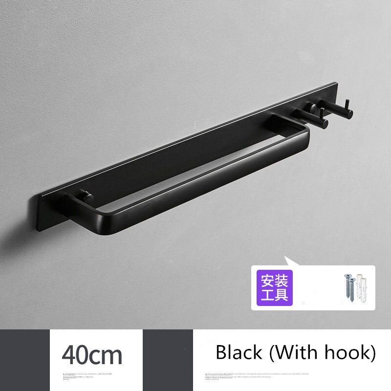 Ruimte aluminium Zwarte Handdoek Bar Wandmontage Badkamer Handdoek Rek Met Dubbele Handdoek Haken Badkamer Hardware Hanger: Black (With hook)