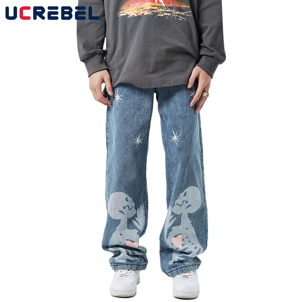 Pantalon en jean à strass pour homme, pantalon en Denim, Streetwear, décontracté, ample, à jambes droites