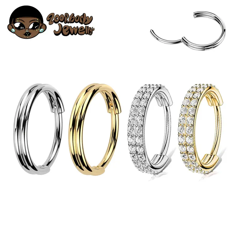 ASTM F136 Titanium 16G Dubbellaags Zirkoon Neus Clicker Segment Clicker Ring Helix Kraakbeen Neusring Piercing Lichaam sieraden