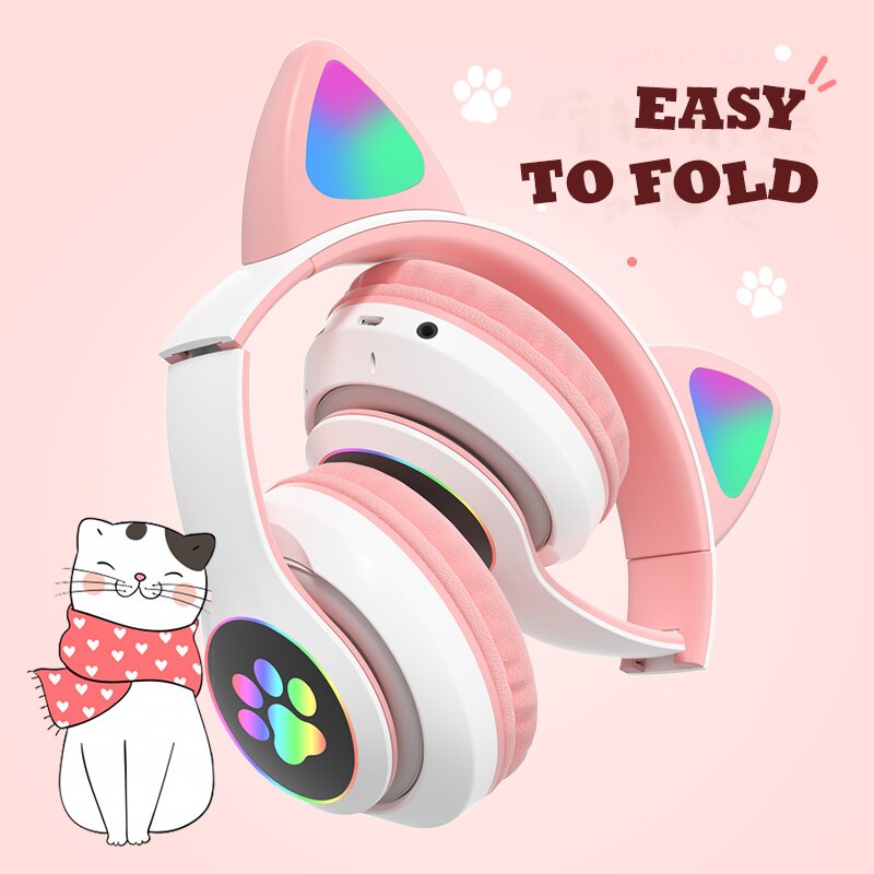 Wireless Headphones for Kids & Adults - RGB Cat Ear Bluetooth 5.0 with Mic, Noise Cancelling, TF Card Support
