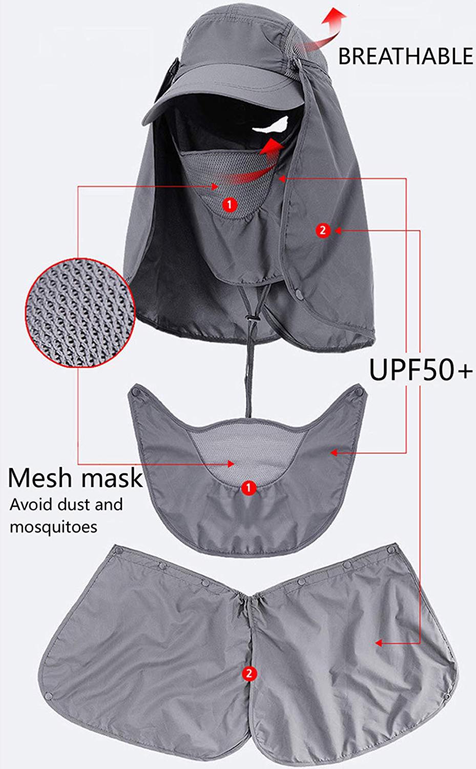 Sombrero de sol al aire libre para hombre y mujer, gorra de pesca con protección UV de 360 °, extraíble, protección UV 50, al aire libre para senderismo, montaña y jungla