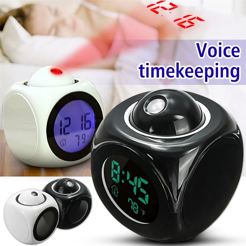 LCD Projection LED Display Time Digital Alarm Clock Talking Voice Prompt Thermometer Snooze Function Desk Wall Projection Clock