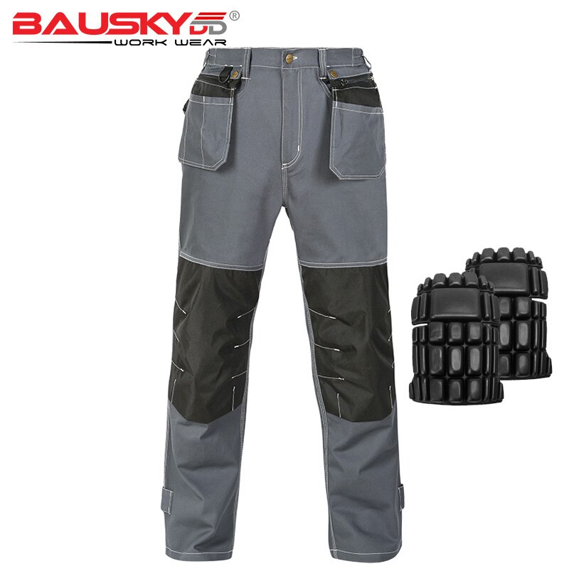 100% cotton multi pocket work pants with knee pad pants workwear trousers working clothes lightweight: Grey / L-175-88