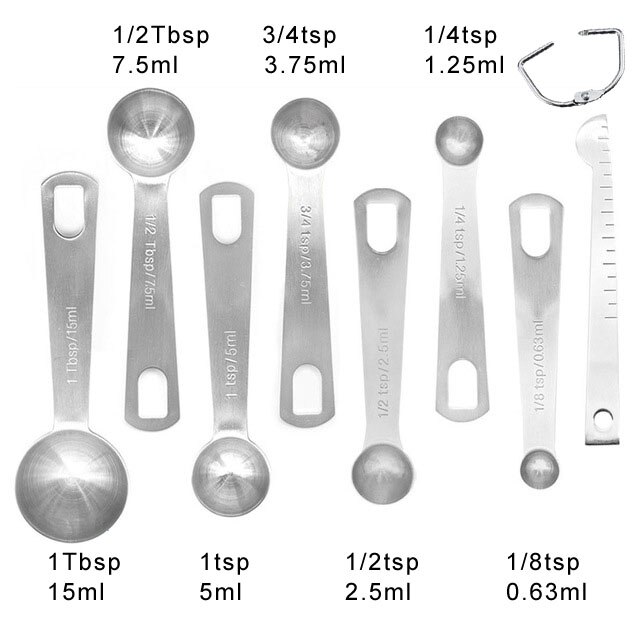 Cucharas de medición de acero inoxidable para líquidos secos, herramientas para 304, 1/16, 1/8, 1/4, 1/3, 1/2, 1, 3/4, bsp, se adapta a tarros de especias, 9 Uds., 11 Uds.: E