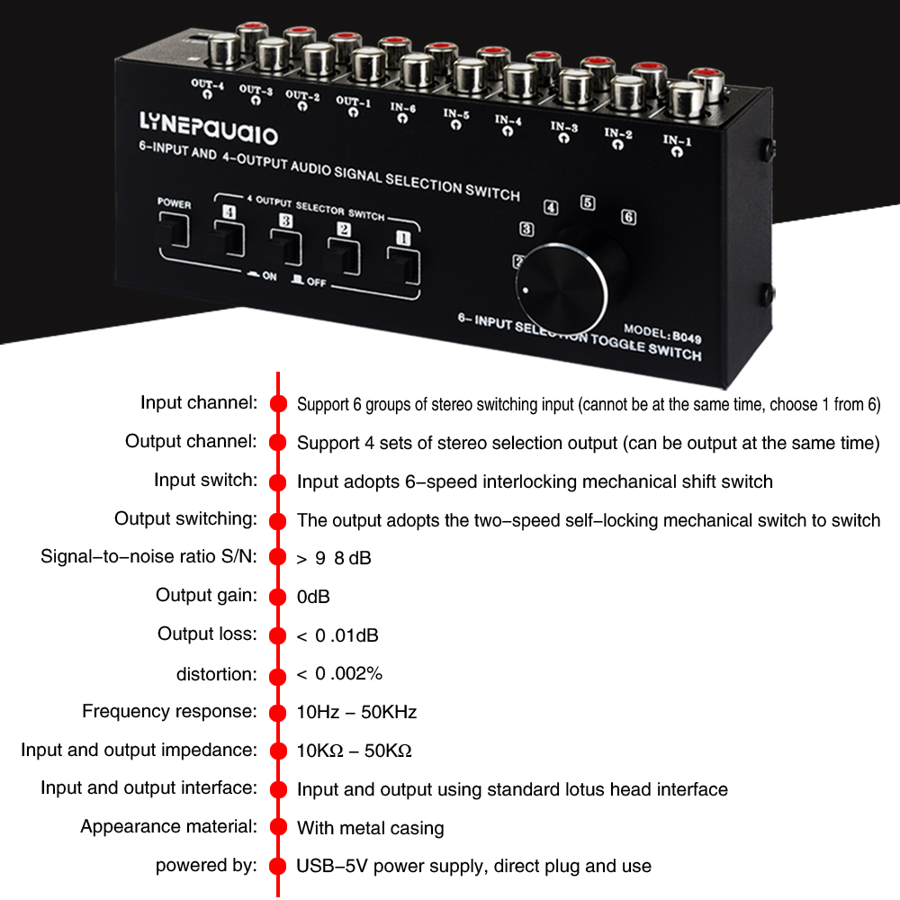 2025 neue 6-in 4-out audio signal switcher splitter audio quelle switcher ausgang schalter steuerung kann gleichzeitig ausgang