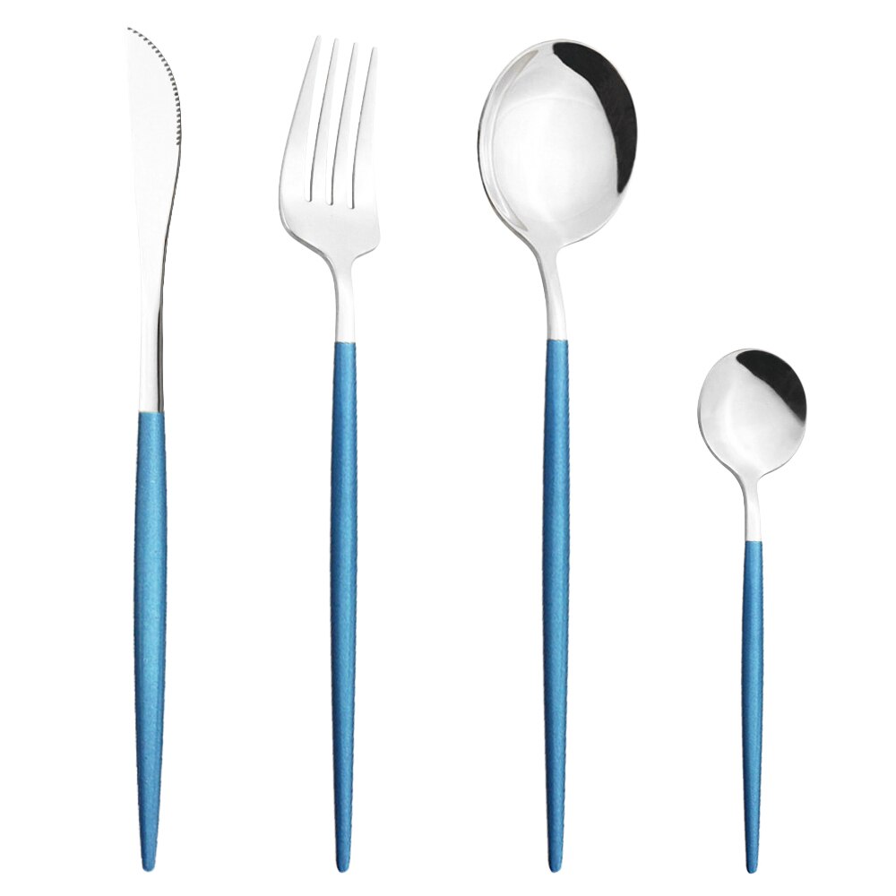 Schwarz Silber Besteck Set Abendessen Messer Dessert Gabel Löffel Stäbchen Geschirr Set Edelstahl Besteck Küche Geschirr: 4Pcs Blue Silver