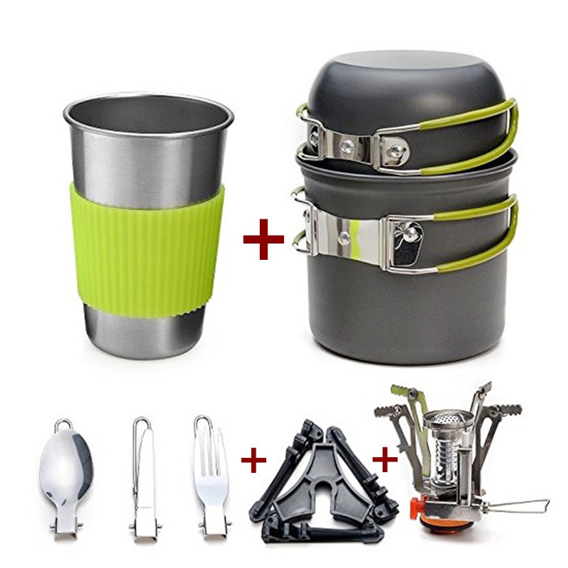 Aluminum Alloy Outdoor Camping Trip Cookware Camping Pot Hiking Picnic Tourist Tableware Set With Folding Spoon Mini Gas Stove