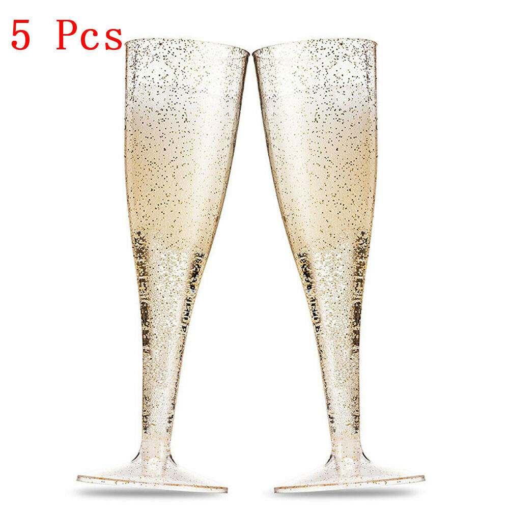 5pcs Gold Glitter Plastic Champagne Flutes ~ 6 Oz Clear Plastic Toasting Glasses