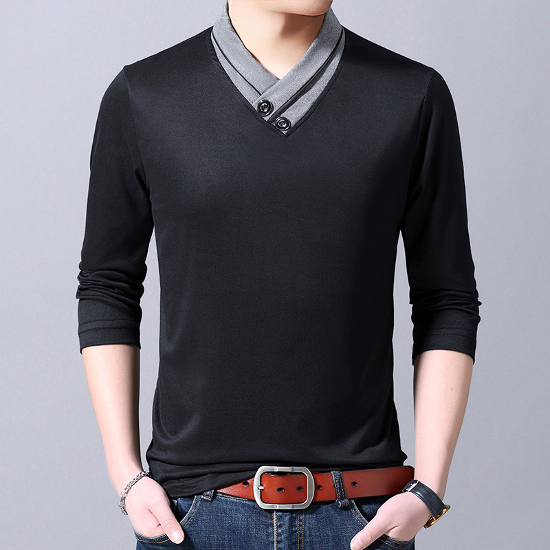 neue T Shirt Herren V Nacken Straße Tragen Spitzen Tendenzen Schwarz schlank passen Coole Koreanische Lange Hülse t-Hemden Männer Kleidung: Schwarz / L