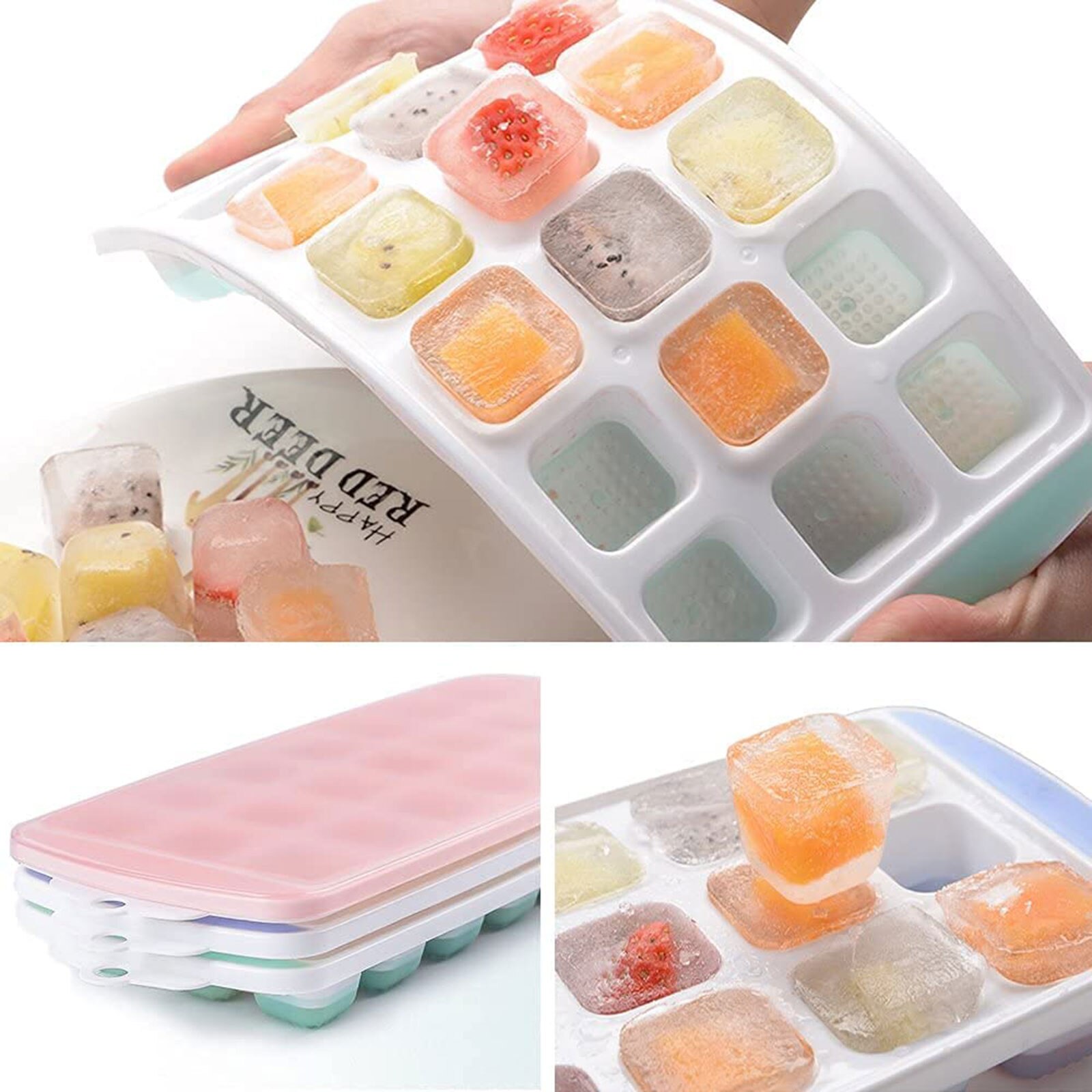 3pcs/set Silicone Ice Cube Trays With Spill-Resistant Removable Lid 21 Cavity Mold Square Shape Stackable Fruit Popsicle Plate