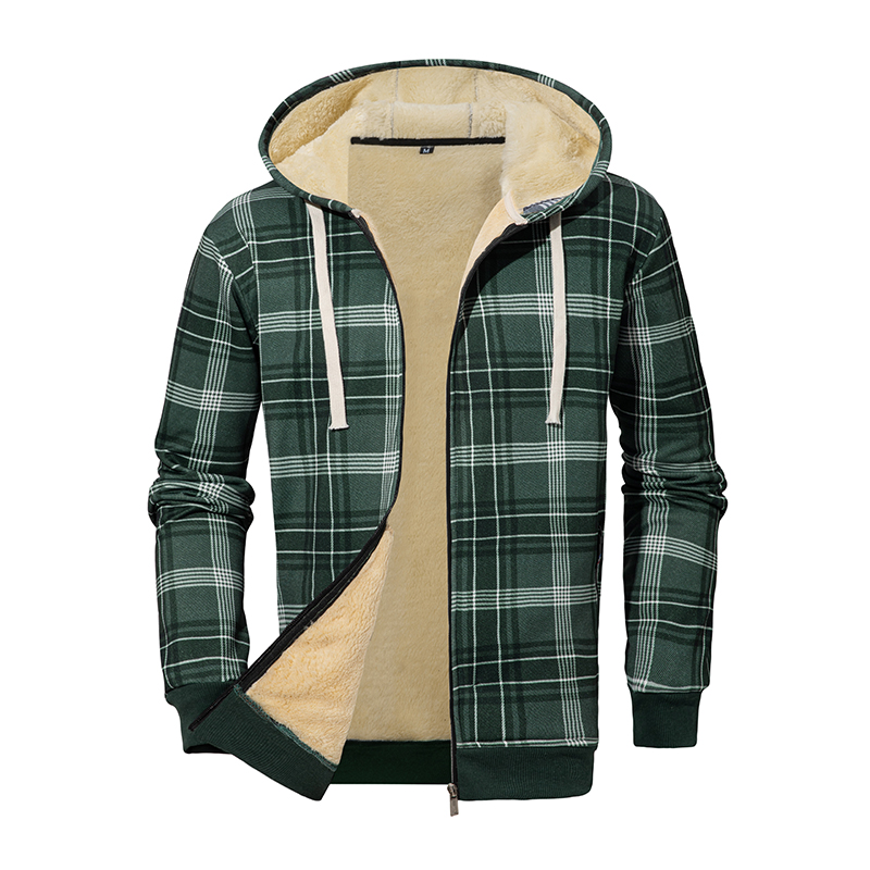 Chaqueta con capucha holgada de manga larga a cuadros de algodón grueso de lana de cordero de invierno para hombre: M / green