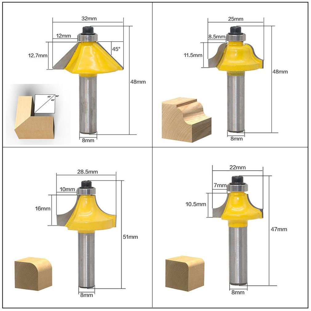 12Pcs/set Milling Cutter Router Bit Set 8Mm Wood Cutter Carbide Shank Mill Woodworking Trimming Engraving Carving Cutting Tool