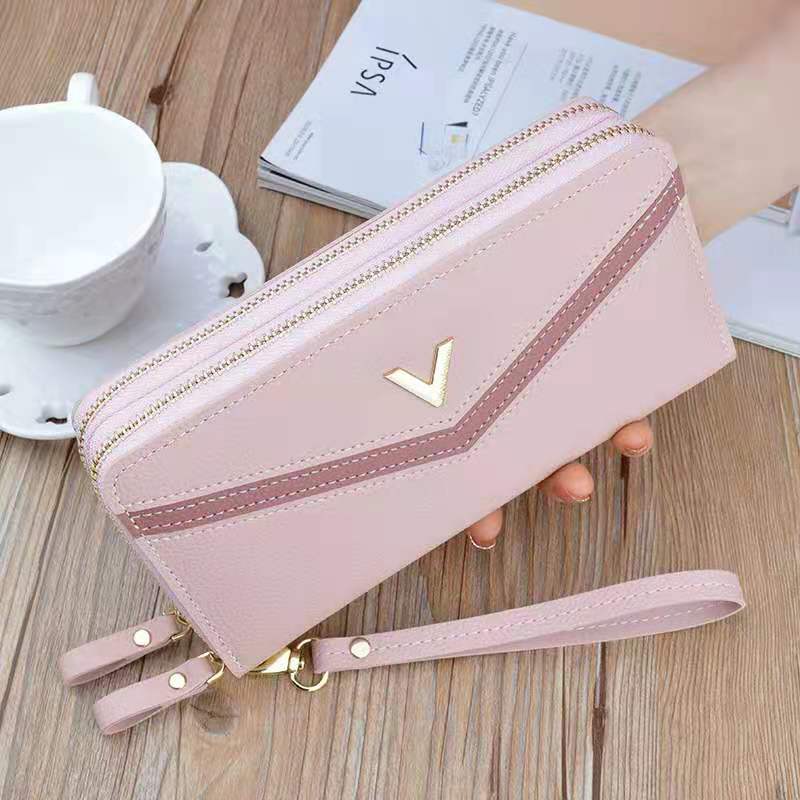 Women&#39;s wallet V Ladies mobile phone bag long ladies clutch bag star Double zipper hand strap bag Multiple color 697: pink  v v 697