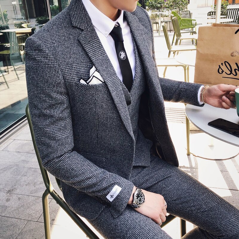 Business Formal Tuxedo Social Casacas Hombre Azul Terno Preto Slim Fit Gray Retro Plaid Suits Mens