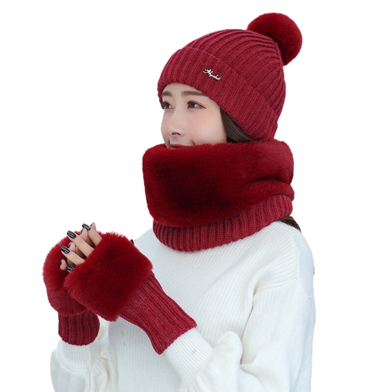 Dames winter 3 stuks pompom muts harige cirkel sjaal vingerloze handschoenen set  x7jb