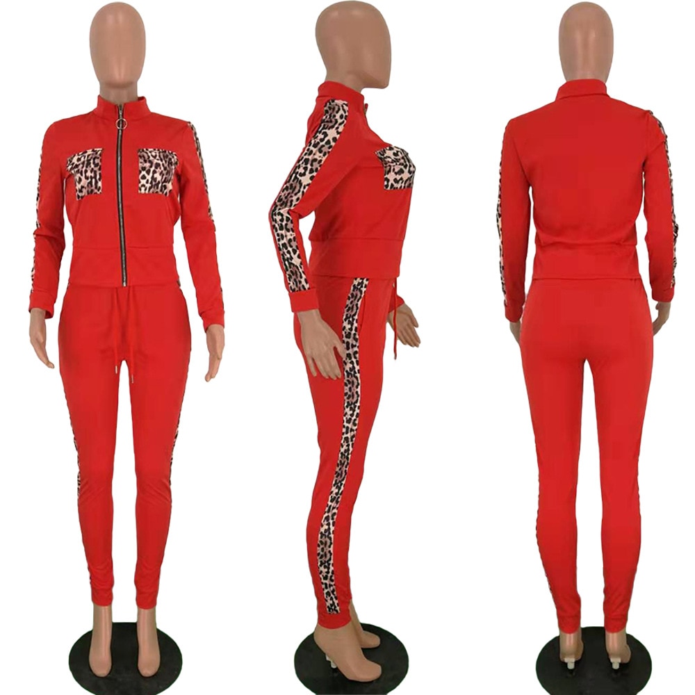 Leopard Winter Causal Women's set Tracksuit Full Sleeve Sweatshirt Zipper Coat Pencil Pants Plus Size Suit Two Piece Set Outfits