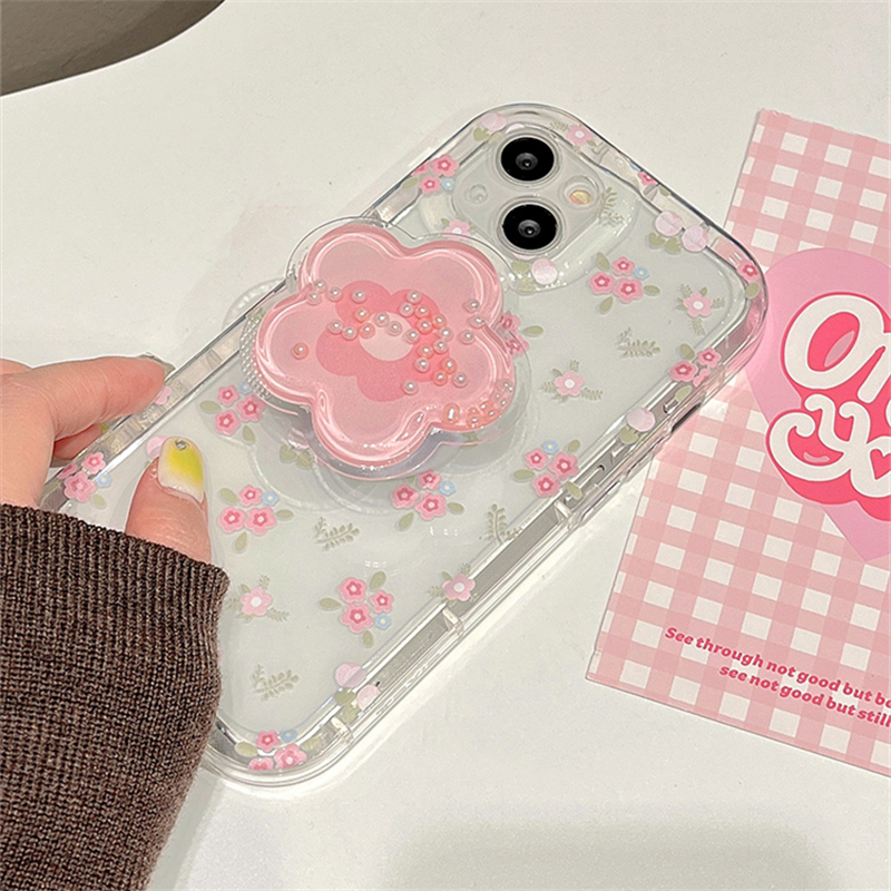 Funda de teléfono con soporte de flor rosa y arena movediza para iPhone 16 15 14 13 12 11 Pro Max XR X XS 7 8 Plus, funda suave transparente con soporte Floral