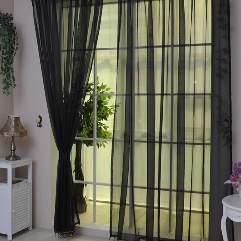 Farverig tyl voile dør drapere panel gennemsigtigt tørklæde skillevæg mørklægningsgardiner tørklæde kapper værelse gardiner til moderne boligindretning: Sort