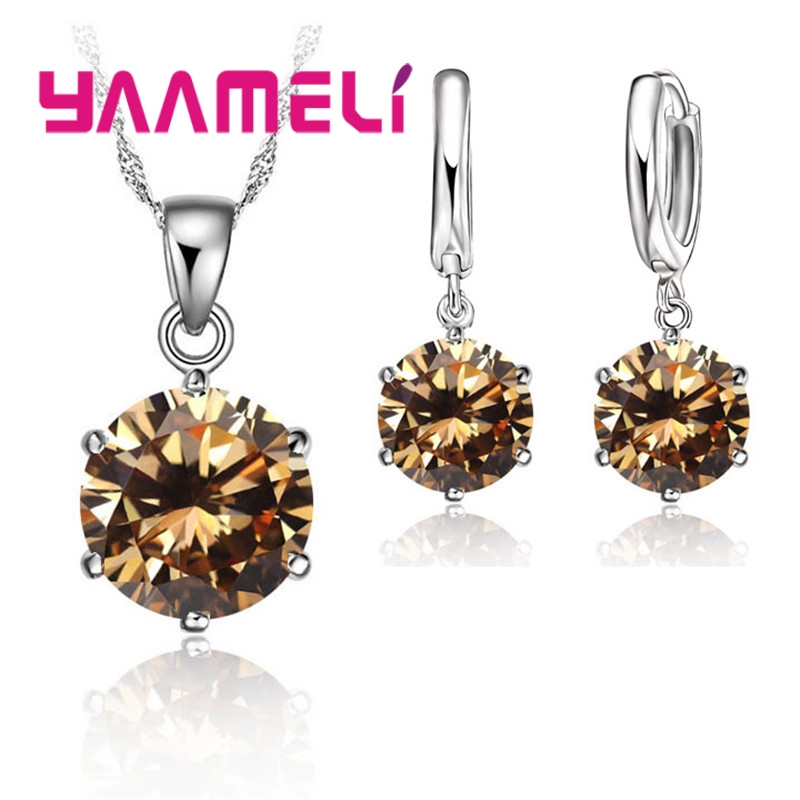 Trendy 925 Sterling Silver Color Jewelry Sets Simple 6 Claws Round Zircon Pendant Necklace Hoop Earrings Set Wedding Bridal: SILVER PLATED