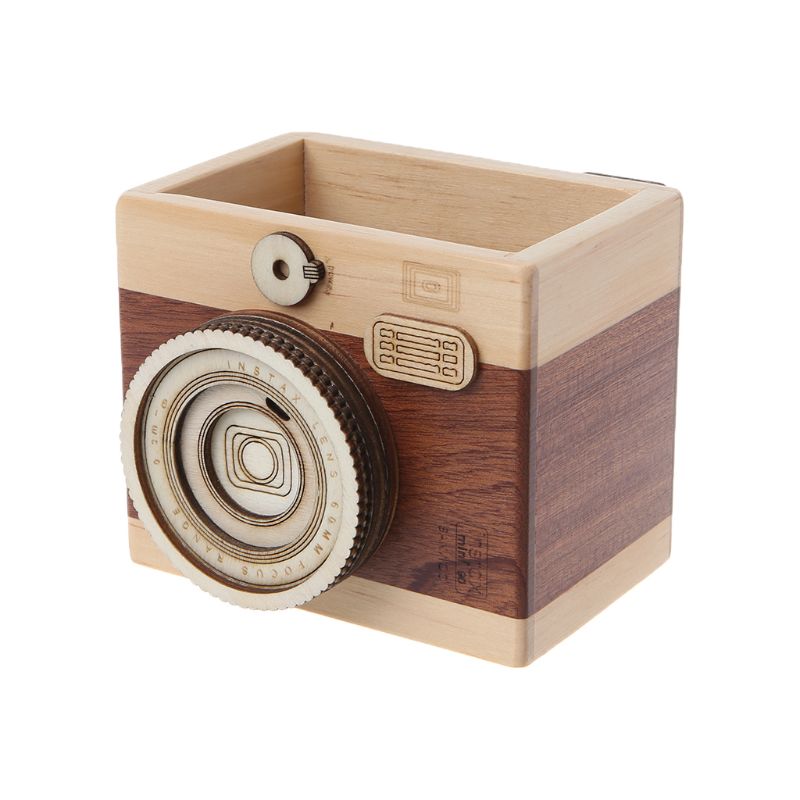 Camera Shaped Wooden Pen Pencil Case Holder Stand Desktop Sundries Storage Wood Box