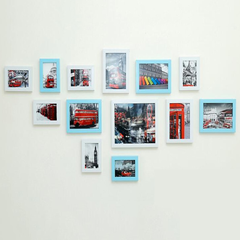13Pcs/set Wall Hanging Photo Combination Frame Set Bedroom Living Room Wall Decoration Art Home Decor Family Picture Display: blue and white