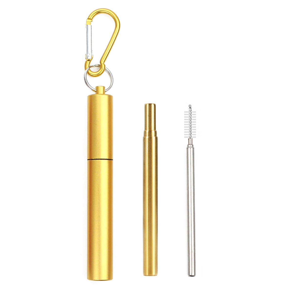 Draagbare Inklapbare Eco Vriendelijke Opvouwbare Rvs Straw Herbruikbare Metalen Stro Met Case Brush Drinken Bar Accessoires: Goldset-level