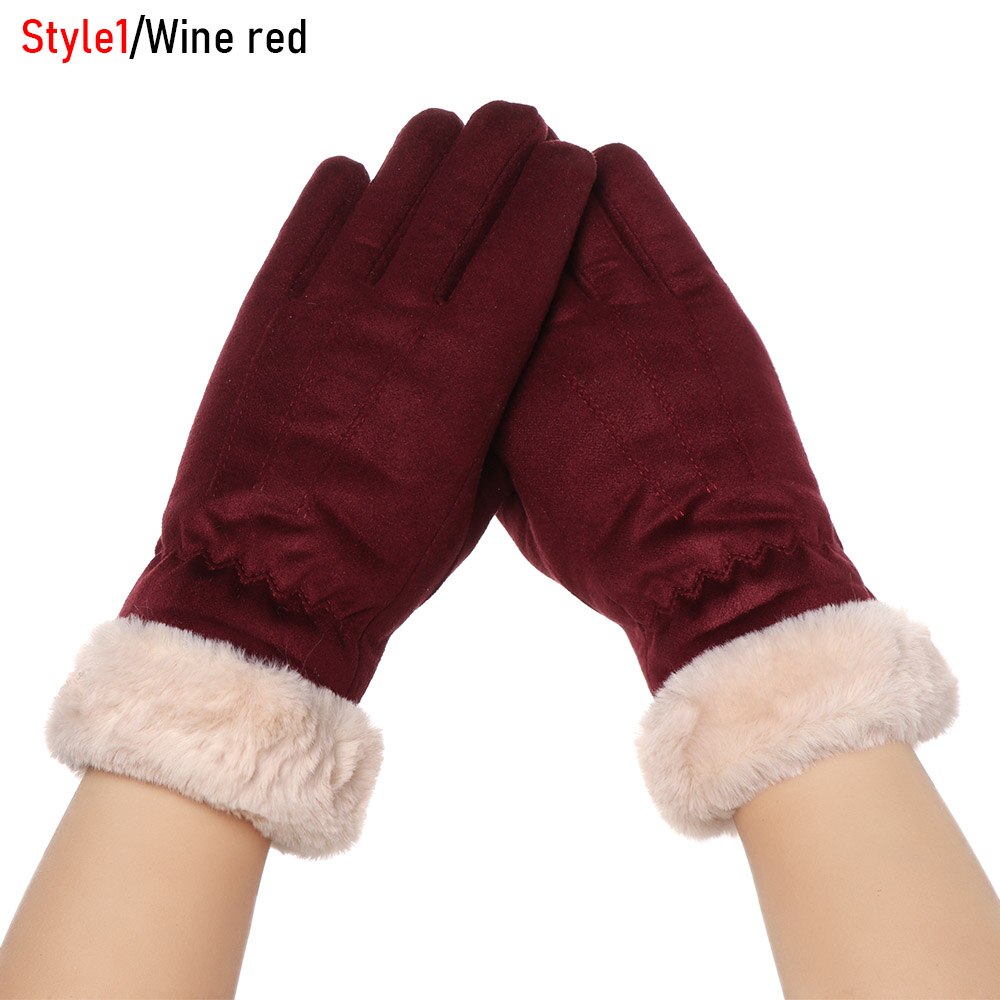 Nuevos guantes de invierno de dedos completos para mujeres mantener el calor lindo peludo guantes de deporte al aire libre más guantes de pantalla táctil de terciopelo: style1-wine red