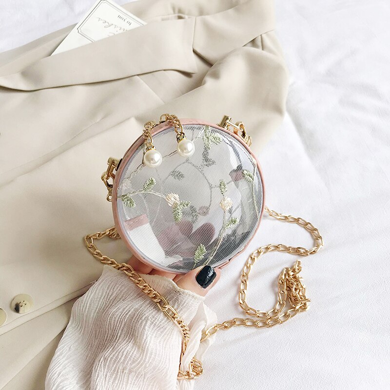 Transparente Runde Umhängetasche - Floral PVC - Perlen & Ketten Deko - Einzelner Riem - Lady Stil: 12 cm Rosa