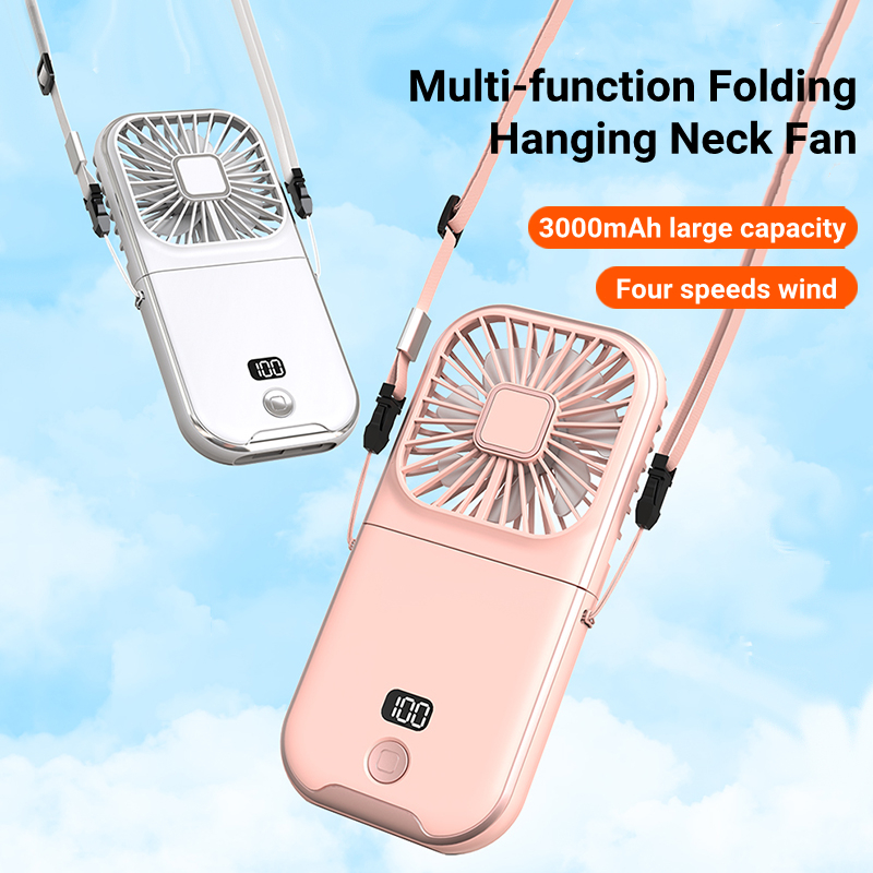 Mini ventilador de mano portátil para exteriores, ventilador de cuello colgante, carga USB, 3000mAh, alimentado por batería 180 ° Ventilador de refrigeración de aire de mesa inalámbrico plegable