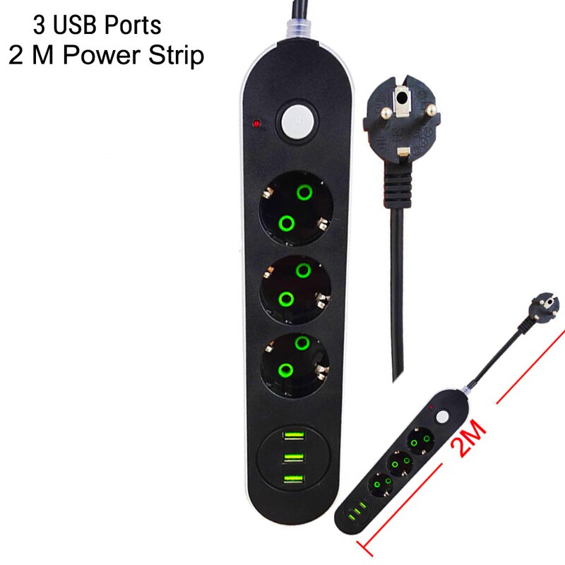 Ue plug power strip tomada 3 portas usb multi cabo de extensão tomada 2m/3m